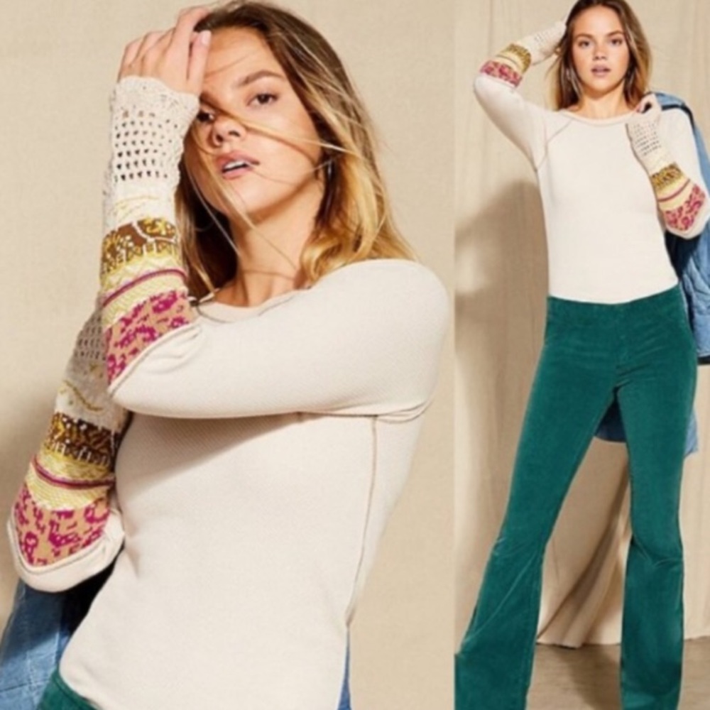 New Free People In The Mix Linen Thermal Boho Top Long Sleeve Crochet Mixed Knit